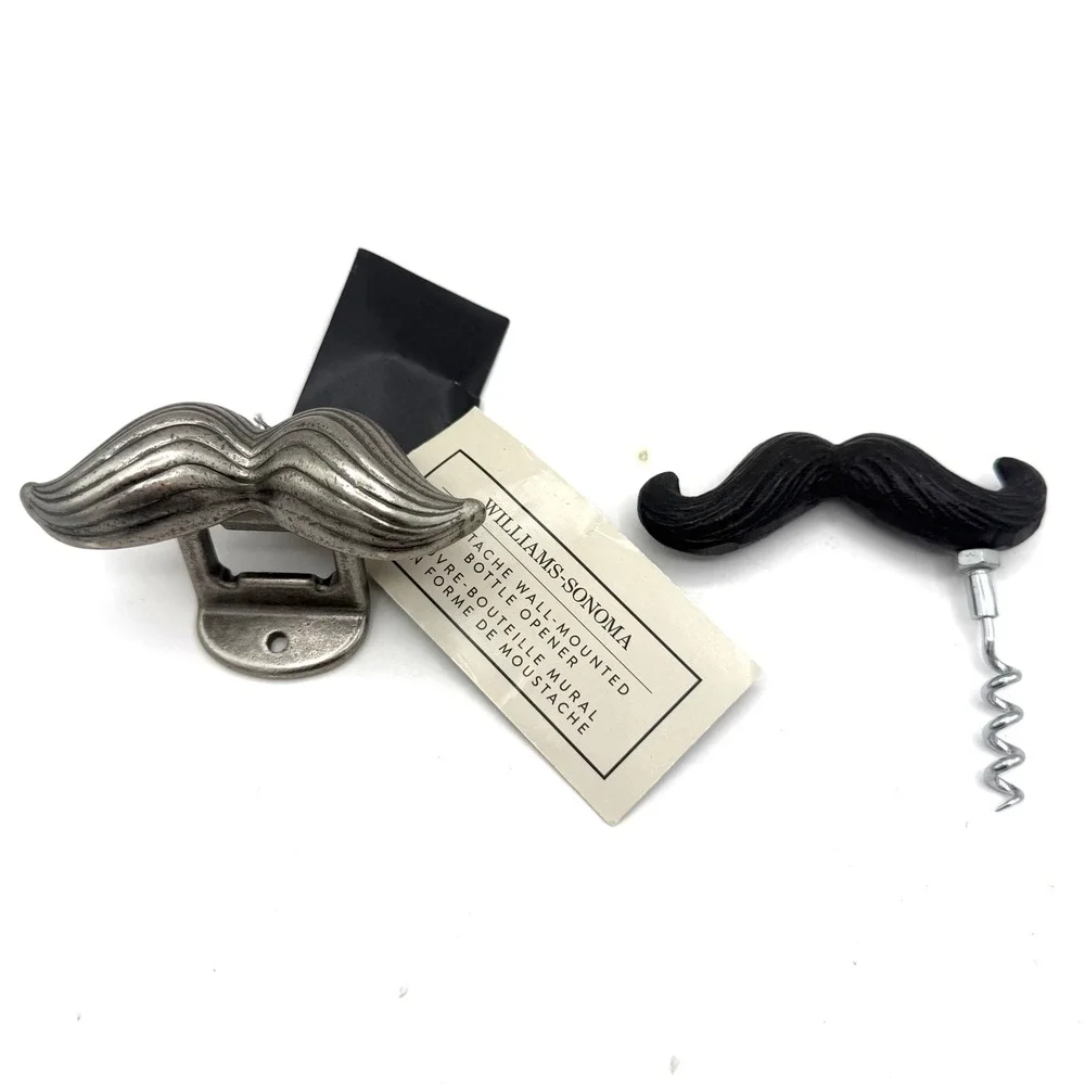 Williams Sonoma Mustache Bottle Opener & Corkscrew Set Silver Black NEW NWT
